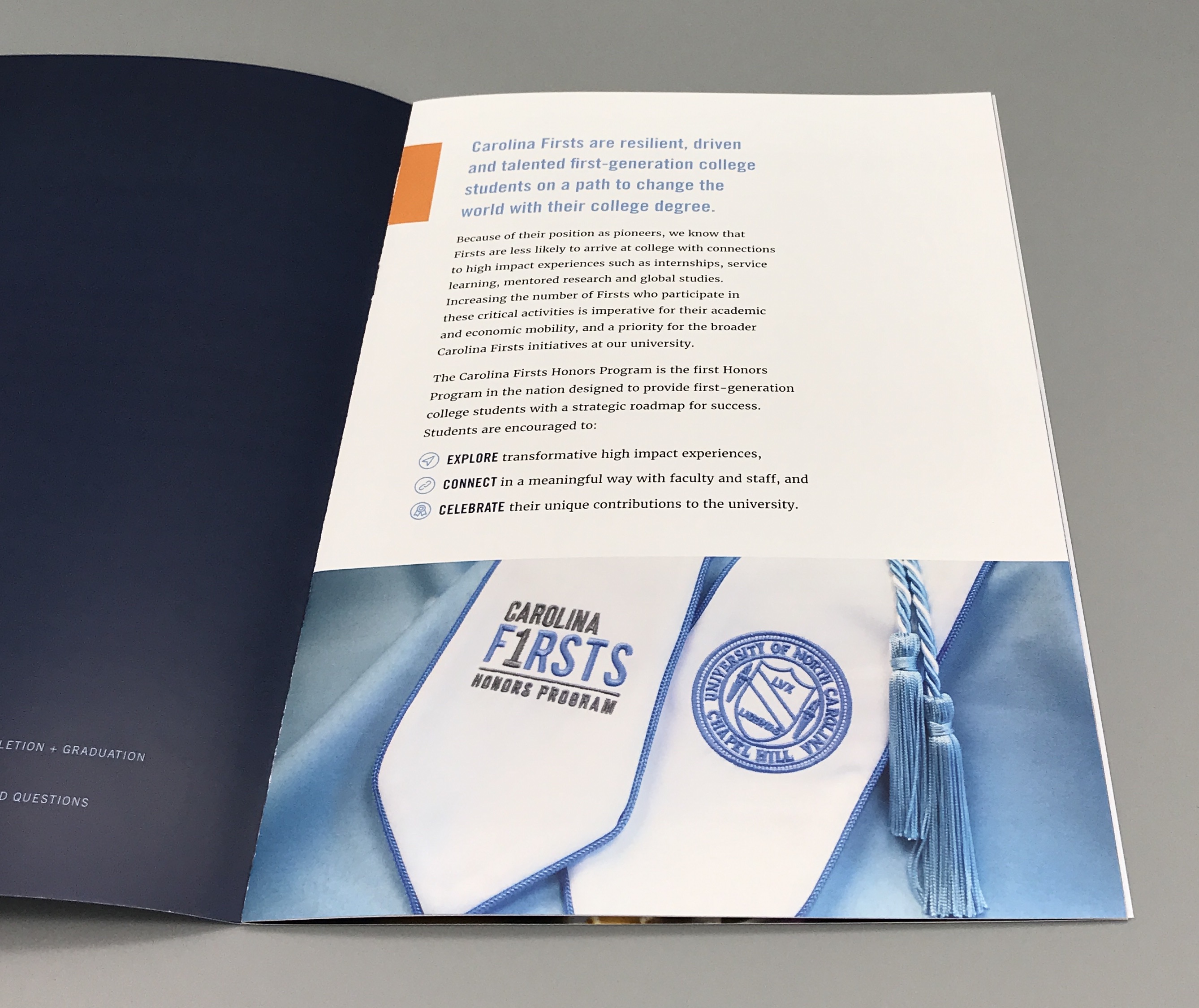 Photograph of an interior page of the Carolina Firsts booklet. It shows body copy and a photo of the graduation stole with the Carolina Firsts logo.