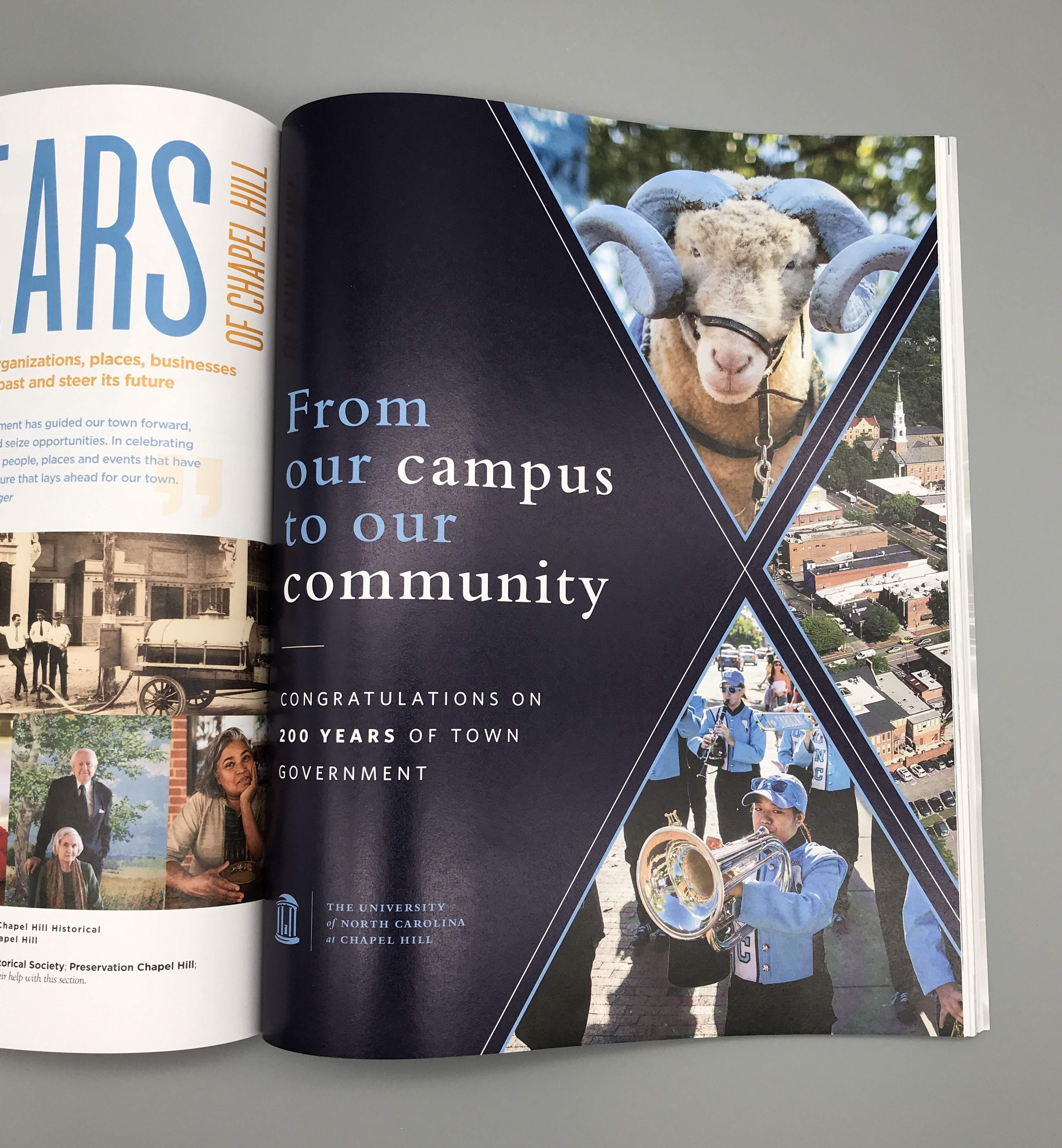 Photograph of ad in a magazine. The ad is navy blue with Carolina Blue and white text and features three photos: mascot animal Rameses, downtown aerial view and the UNC marching band.